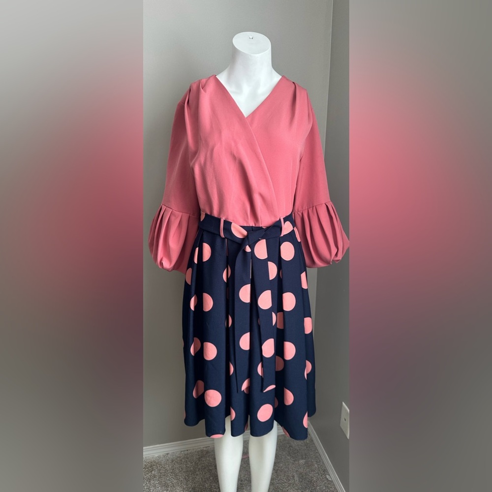 Orion London Coral Top with Navy & Coral Polka Dot Skirt